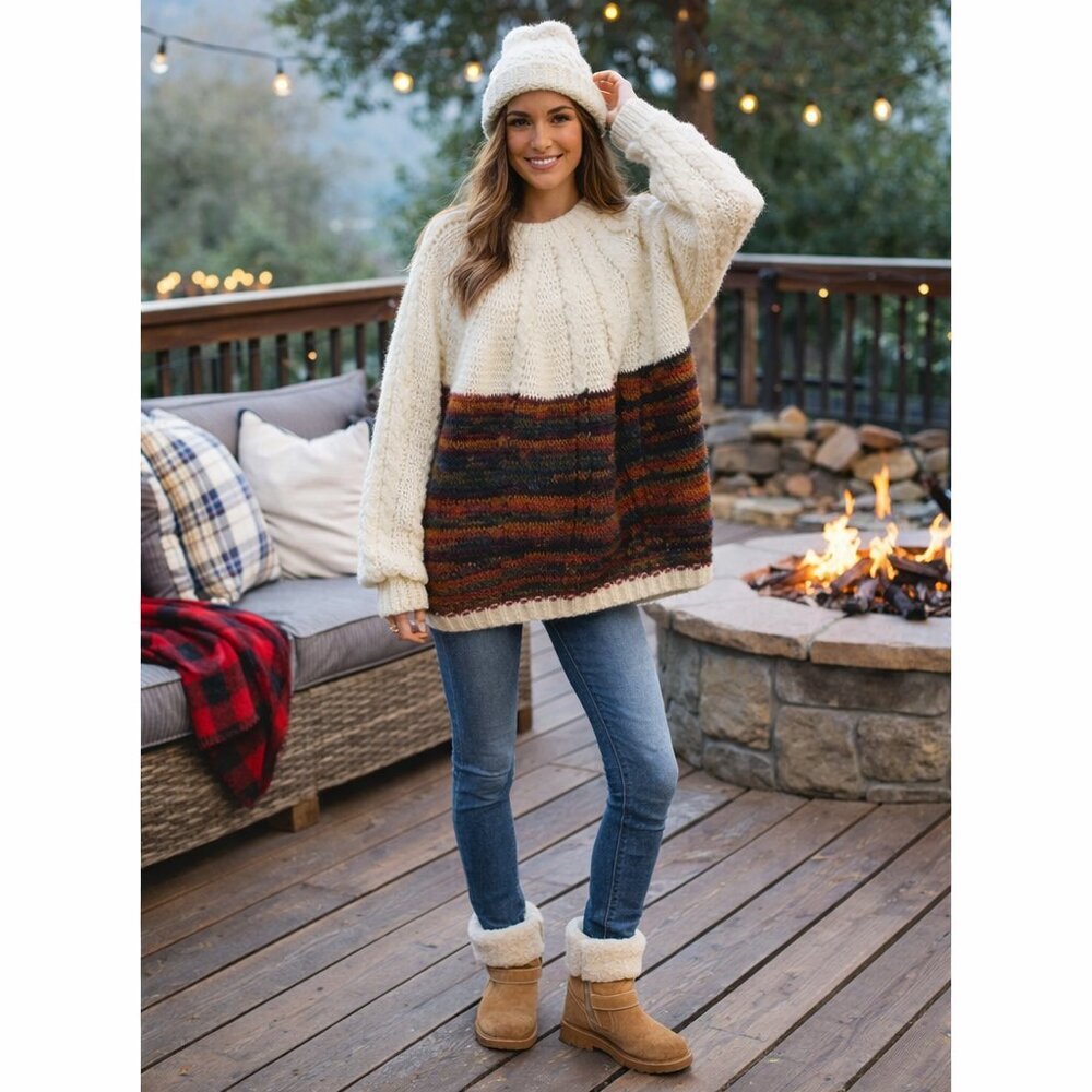 Chunky Hand Knit Cream Wool Crochet Cable Knit Icelandic  Fisherman Oversized 2X